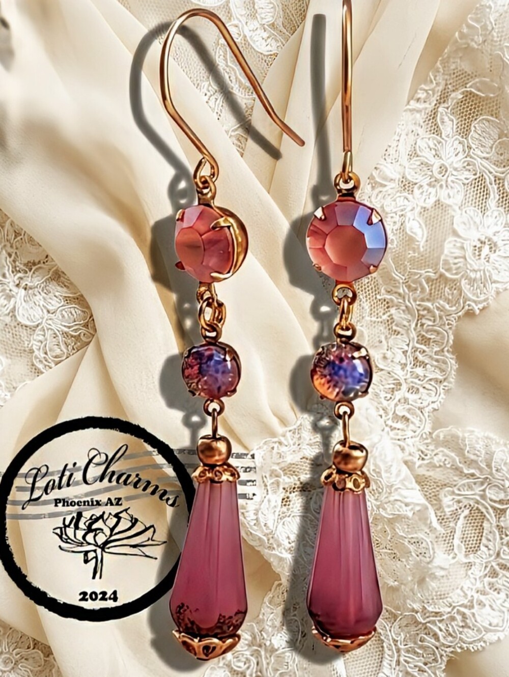 Victorian Pink Frosted Shimmering & Pink Fire Opal In Long Gold Plated Earrings